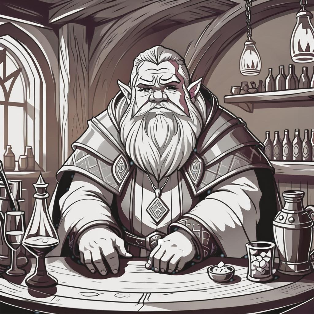  line art drawing dwarf priest in tavern, dnd, same nightmare. anime style . professional, sleek, modern, minimalist, graphic, line art, vector graphics