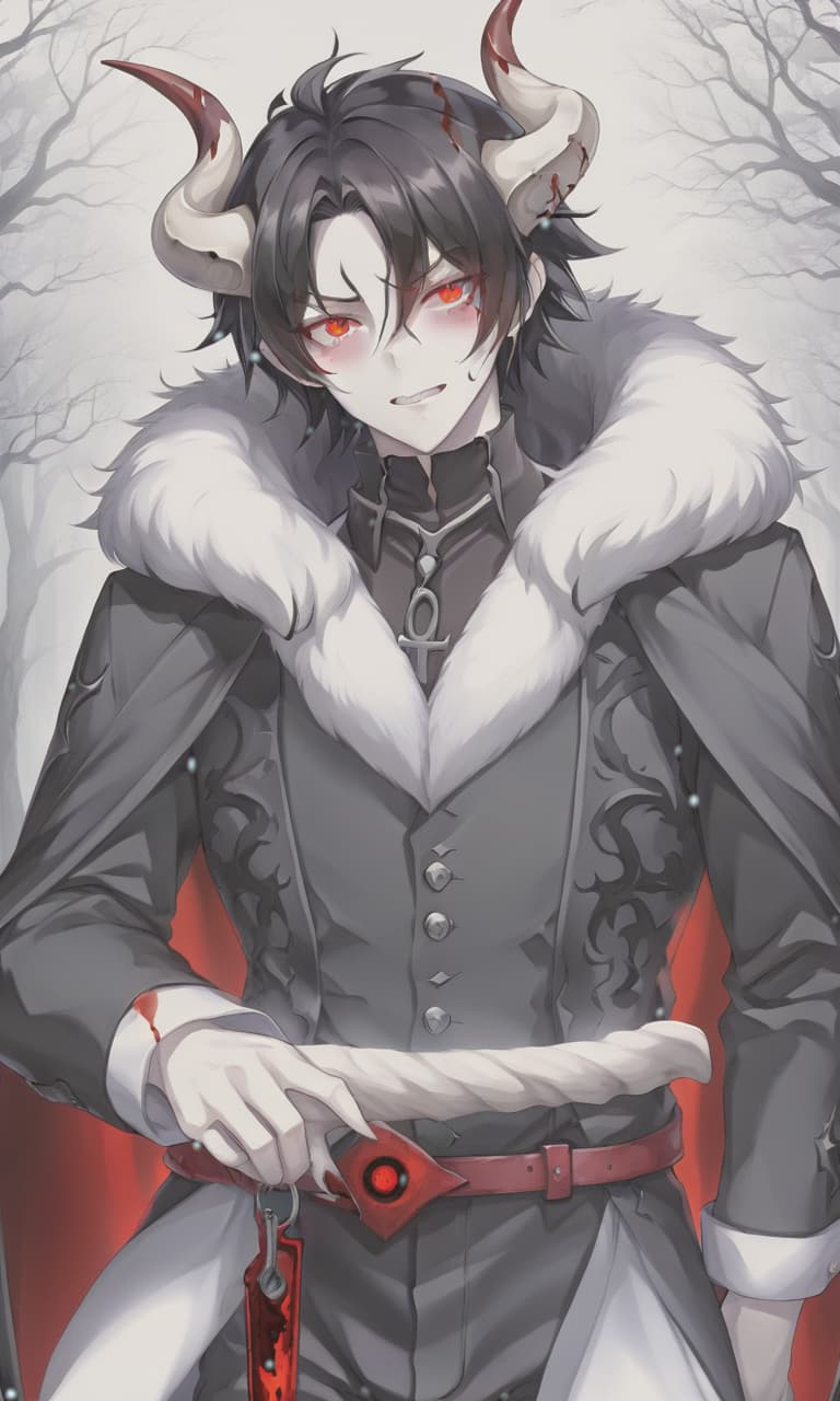  anime artwork man demon, white skin, blood red eyes, black hair, white horns, black clothes . anime style, key visual, vibrant, studio anime, highly detailed