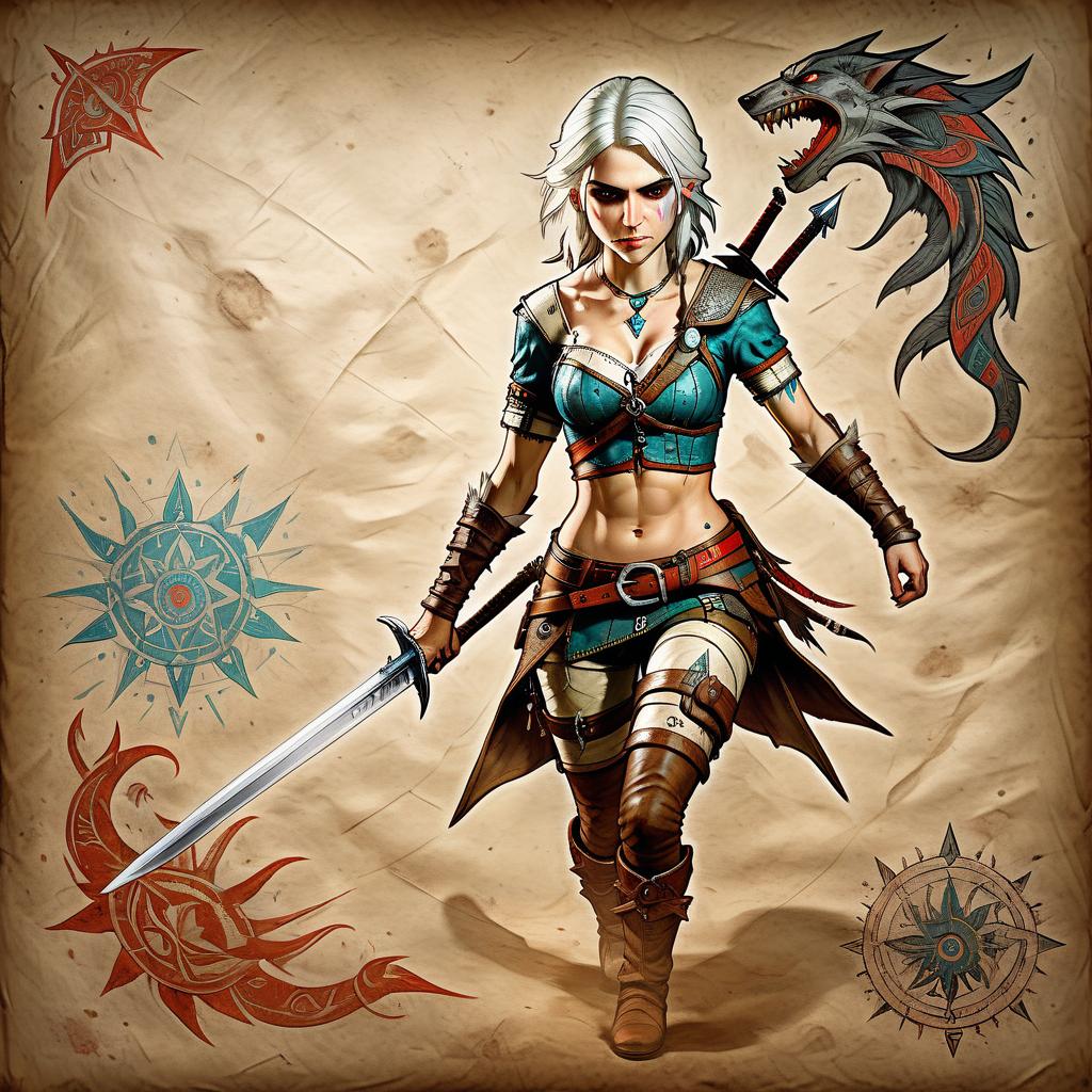  tribal style cirilla (ciri) from the witcher 3 runs with a sword and fights monsters. . indigenous, ethnic, traditional patterns, bold, natural colors, highly detailed, on parchment