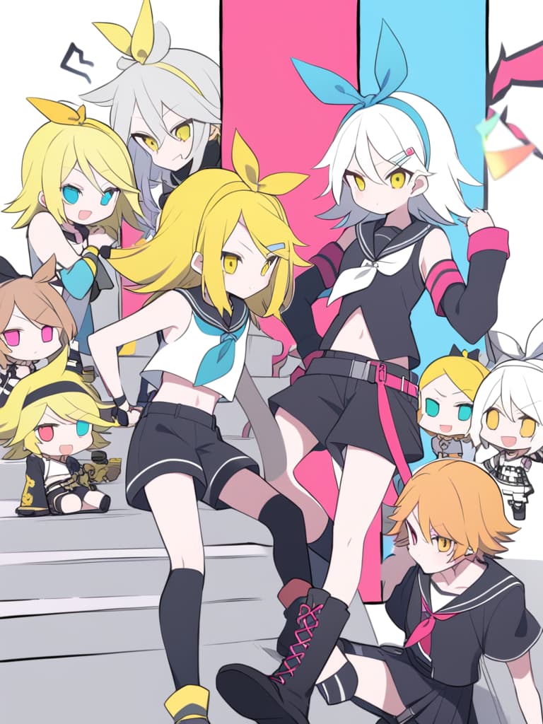  rin, (kagamine rin), kagamine base, short hair, hair clip, white hair band, hair ribbon, white headphones, tattoo on the step, tattoo, black sailor color, tone notes, white crop top, severe leve , yellow nekka jitch, removable sleeves, black sleeves, black shorts, eberto,