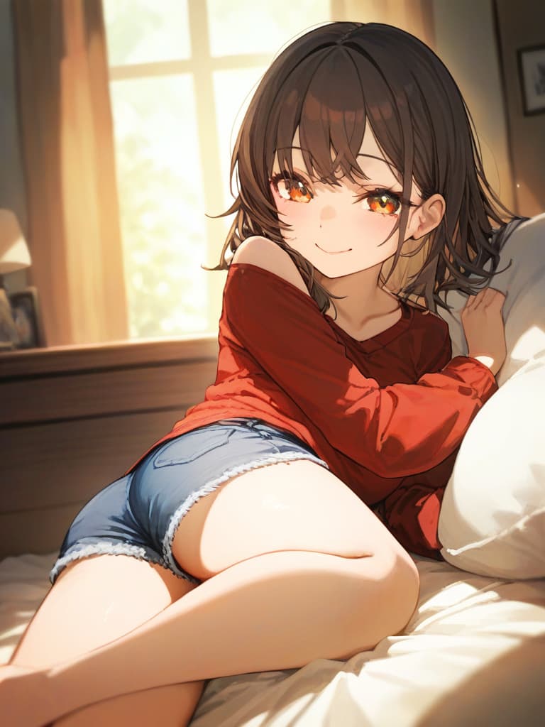  sleep in brown hair girl, smile, red t shirt, denim shorts, bed,, masterpiece, best quality,8k,ultra detailed,high resolution,an extremely delicate and beautiful,hyper detail