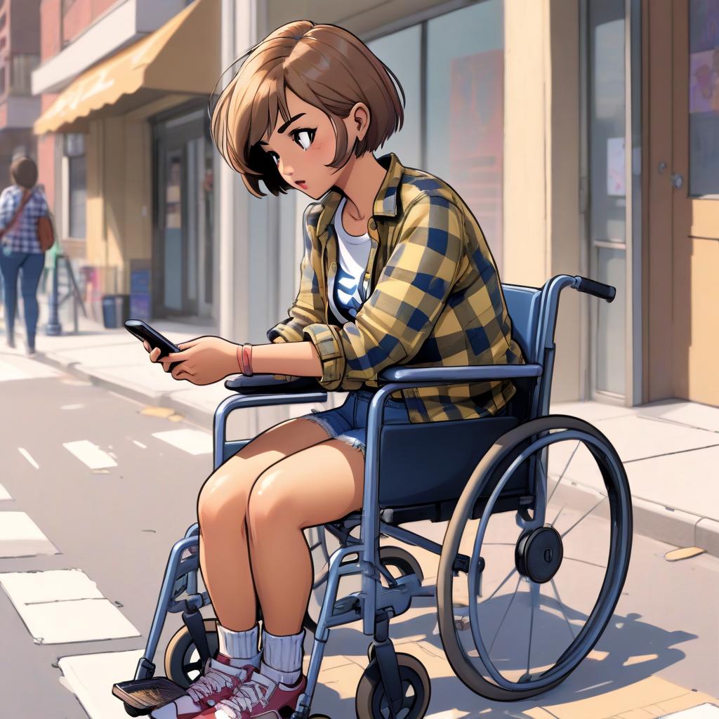  colored comic book image. a with short hair (kare) sits in a wheelchair, she has one leg amputated. she's wearing a checkered shirt and jeans. the girl leans forward trying to pick up the phone, which lies on the sidewalk in front of her.