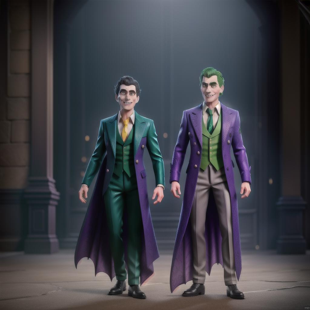  batman and the joker, colorful, détails hyperrealistic, full body, detailed clothing, highly detailed, cinematic lighting, stunningly beautiful, intricate, sharp focus, f/1. 8, 85mm, (centered image composition), (professionally color graded), ((bright soft diffused light)), volumetric fog, trending on instagram, trending on tumblr, HDR 4K, 8K