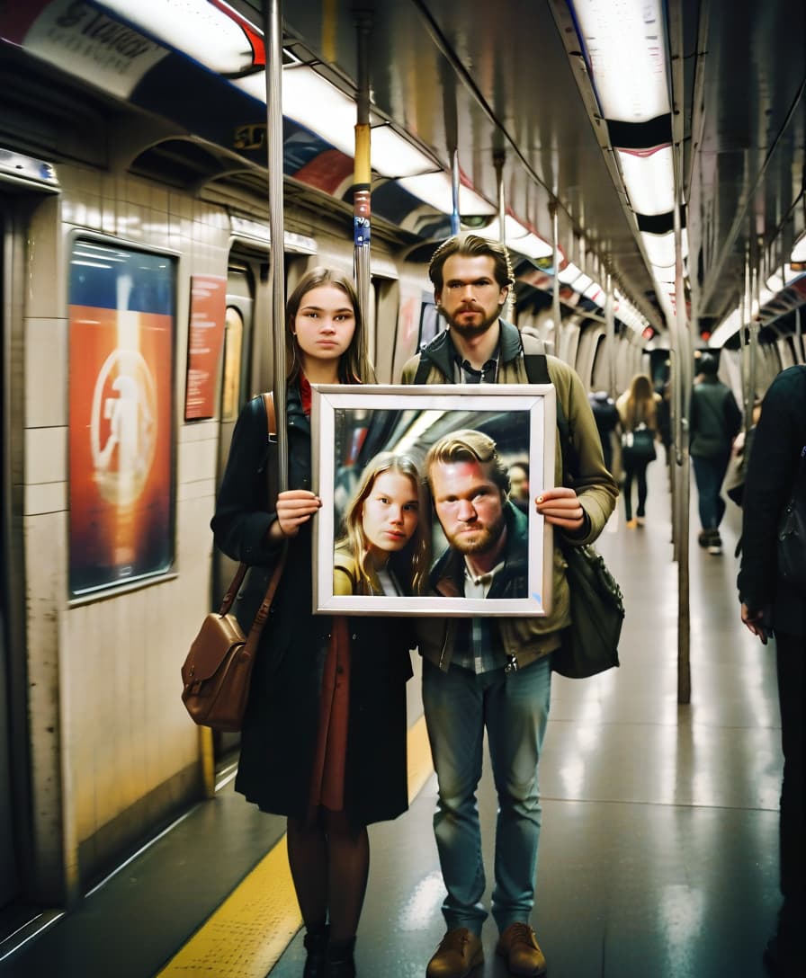  cinematic photo photo of a guy and a girl who go on the subway with a picture of what the guy is inside . 35mm photograph, film, bokeh, professional, 4k, highly detailed, film photography style