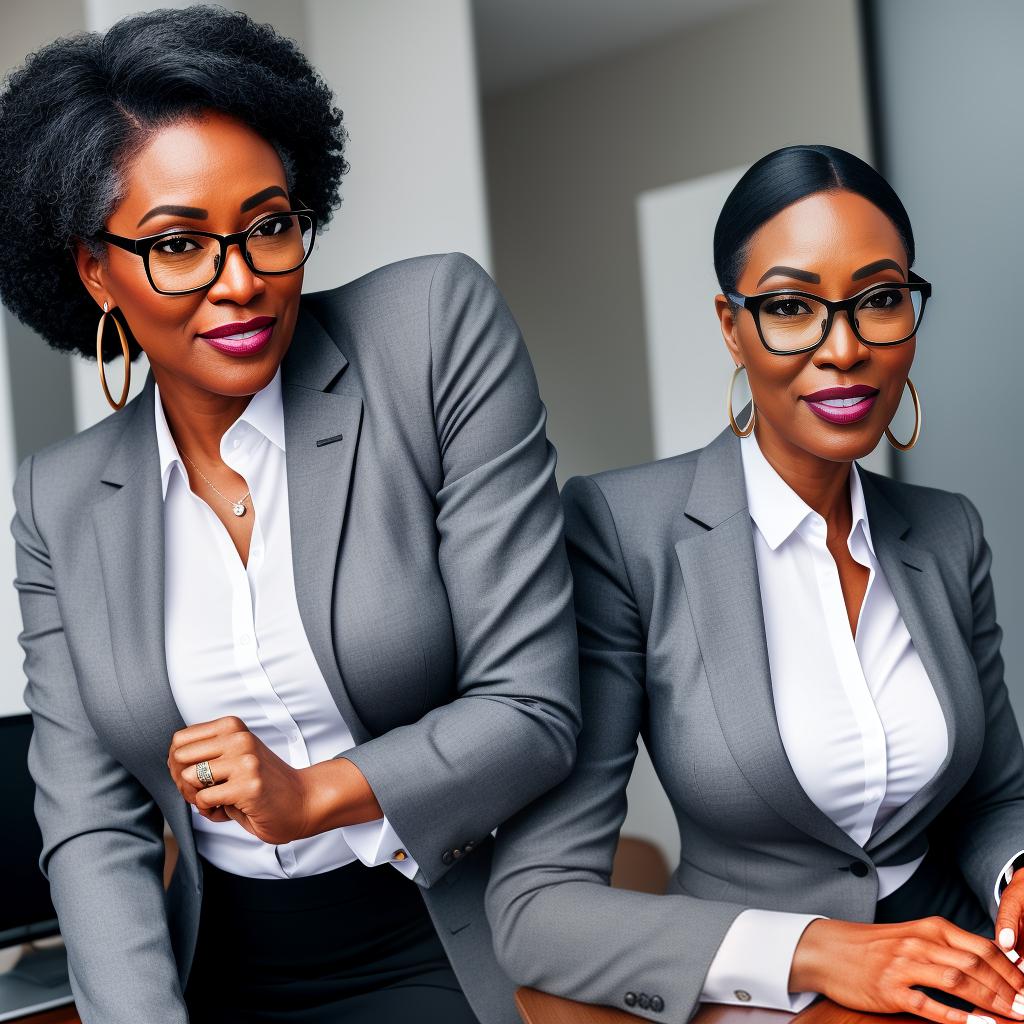  Black woman mid 50’s with salt and pepper hair wearing glasses standing in a ln office with a business suit on, (high detailed skin:1.2), 8k uhd, dslr, soft lighting, high quality, film grain, Fujifilm XT3 hyperrealistic, full body, detailed clothing, highly detailed, cinematic lighting, stunningly beautiful, intricate, sharp focus, f/1. 8, 85mm, (centered image composition), (professionally color graded), ((bright soft diffused light)), volumetric fog, trending on instagram, trending on tumblr, HDR 4K, 8K