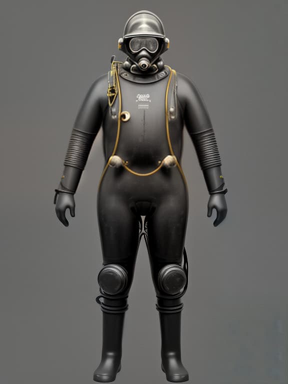  a man in a huge, old underwater diving suit, full length, in a helmet, stands straight, arms shoulder width apart. image diagram.