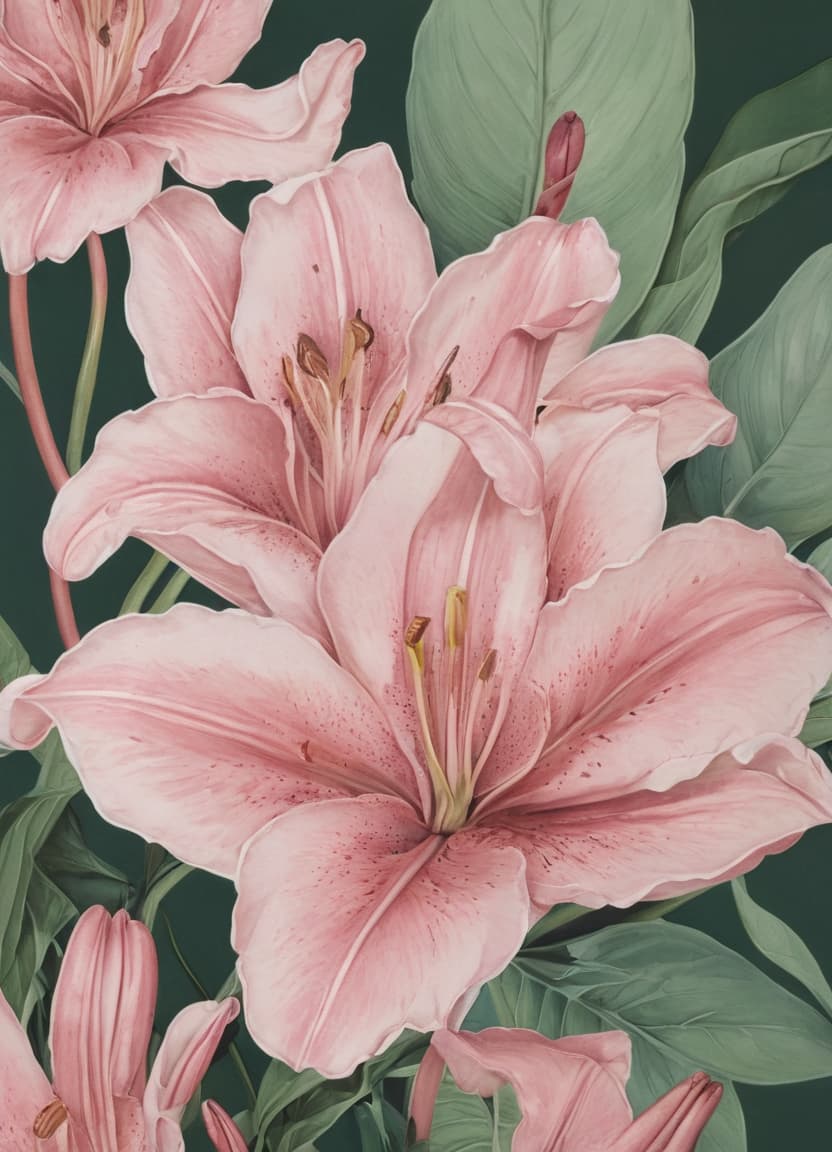  minimalism, the images features individual pink lilies and leaves, each illustrated with fine detail, highlighting their unique textures and curvature. the flowers and leaves vary. each plant carries its own distinct form, emphasizing their organic and fluid shapes., abstract, simple geometic shapes, hard edges, sleek contours, minimalism