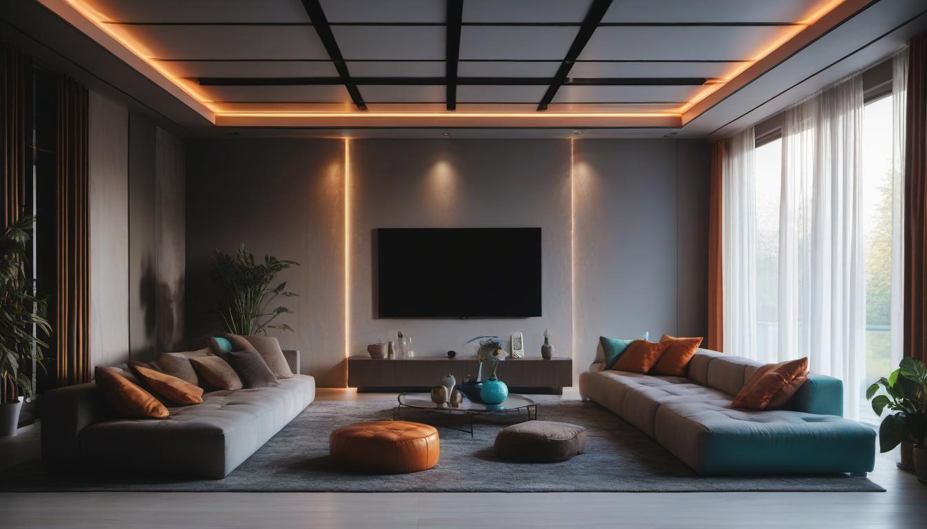  a living room with white couches and a ceiling with a neon light on it, glowing interior lighting, orange and cyan lighting, bright ambient lighting, orange teal lighting, neon ambient lighting, brilliant aesthetic lighting, brightly lit room, 4 k luminous lighting, ambient lighting, cinematic mood lighting, lights on ceiling, blue and orange lighting, extremely luminous bright design, oled lights in corners, detailed ambient lighting, accent lighting, soft ambient lighting, led light accents, ambient lighting from top, very beautiful ambient lighting