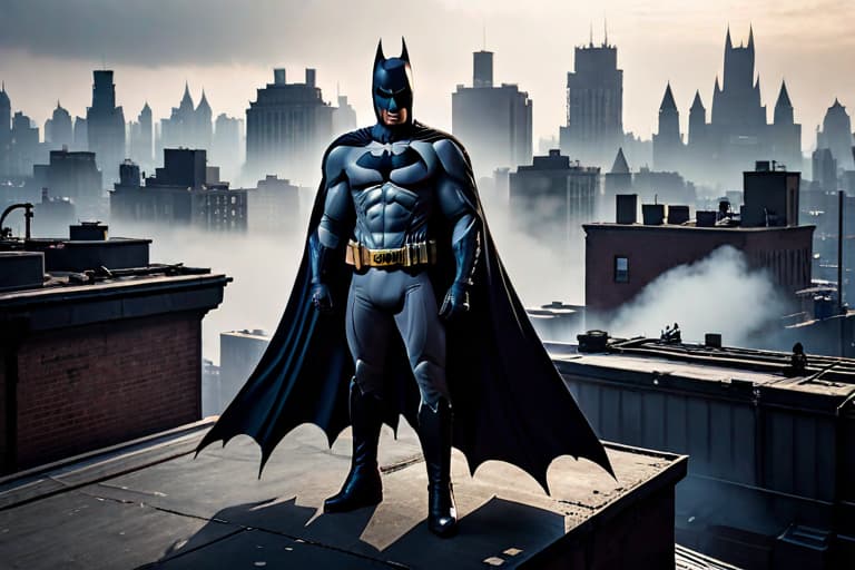  a cinematic photograph capturing the iconic silhouette of batman perched atop a gotham city rooftop, inspired by the dark and atmospheric style of christopher nolan's batman films. moody lighting, brooding shadows, billowing cape, stoic pose, vigilant gaze, urban skyline, gritty textures, monochromatic palette, dramatic angles, intense atmosphere, mysterious ambiance, symbolic presence, masked identity, urban legend, timeless heroism, dynamic composition, gritty realism. hyperrealistic, full body, detailed clothing, highly detailed, cinematic lighting, stunningly beautiful, intricate, sharp focus, f/1. 8, 85mm, (centered image composition), (professionally color graded), ((bright soft diffused light)), volumetric fog, trending on instagram, trending on tumblr, HDR 4K, 8K