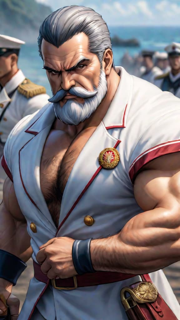  anime art: garp torn between love for ace and duty to marines during marineford battle. hyperrealistic, full body, detailed clothing, highly detailed, cinematic lighting, stunningly beautiful, intricate, sharp focus, f/1. 8, 85mm, (centered image composition), (professionally color graded), ((bright soft diffused light)), volumetric fog, trending on instagram, trending on tumblr, HDR 4K, 8K