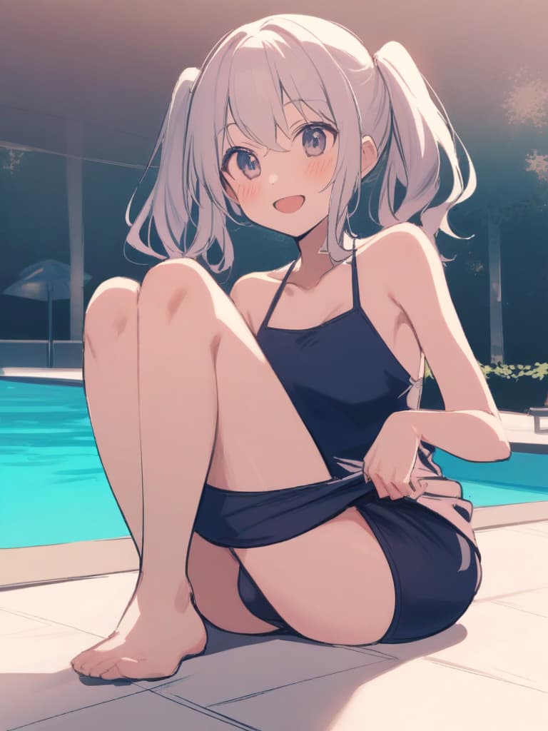  women's elementary students (male), twin tails, cute smiles, (rich s), short stature, dark blue swimwear, old swimwear, swimwear, simple, (upward), upward, (bulge), front, whole body, pool side ,,,