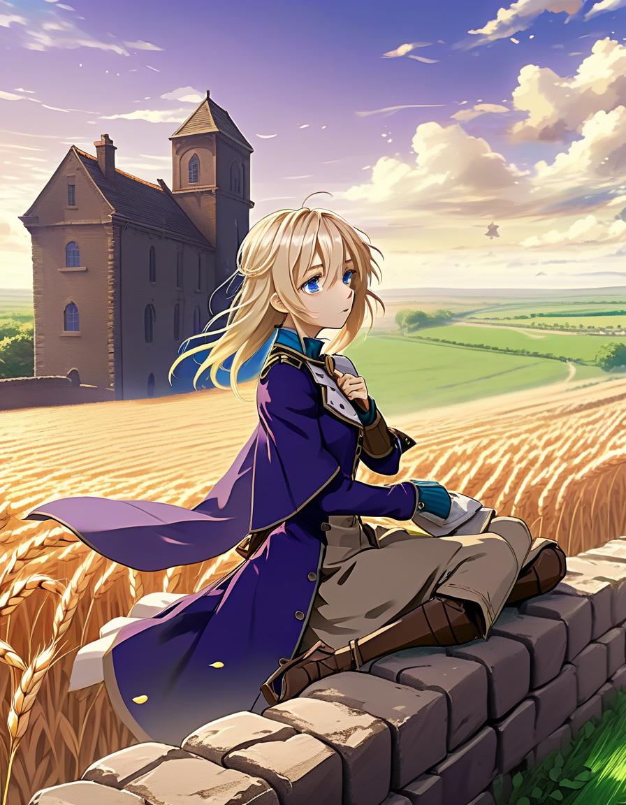  anime artwork violet evergarden. in a purple cloth and medieval clothing, he sits on a stone fence and looks out into the distance at fields of wheat and a rotating mill. . anime style, key visual, vibrant, studio anime, highly detailed