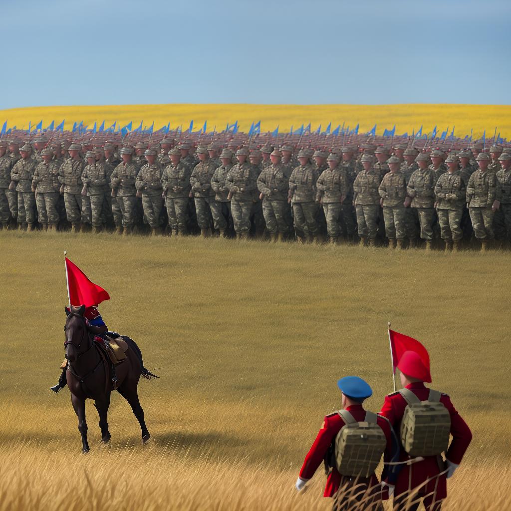  Under a blue sky, soldiers in Red Army uniforms parade across golden grasslands. The wind rustles the tall grass around them, adding movement and energy to the scene. The soldiers 'faces are filled with determination, showing their firm dedication to the cause.(Photo)(Natural light)(Canon EOS Rebel T7, f/5.6, ISO 100, 1/500 sec)