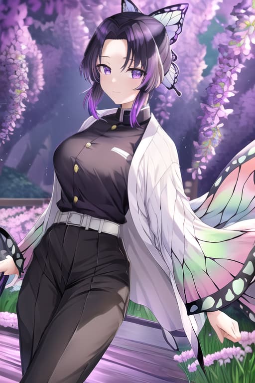  masterpiece, best quality, kochou shinobu, multicolored hair, no bangs, hair intakes, purple eyes, forehead, black shirt, black pants, haori, butterfly, buttons, belt,cat women, nekopara, neko, fantastically detailed reflecting eyes, masterpiece, best quality, high quality, solo