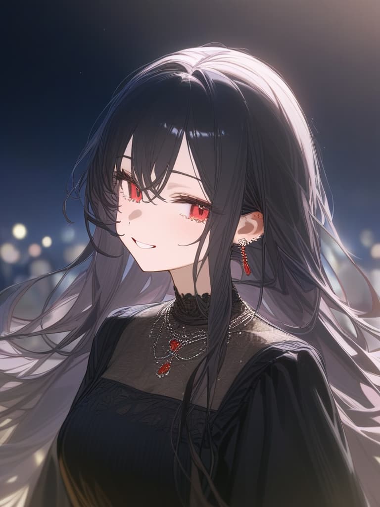  long hair, black hair, hair tips are pink, red eyes, hanging eyes, bangs lengths, smiles, adults, adult faces, piercings, necklaces, black lace clothes, thin makeup, night view, crying smile, hair is pale pink and black, tears, masterpiece, best quality,8k,ultra detailed,high resolution,an extremely delicate and beautiful,hyper detail