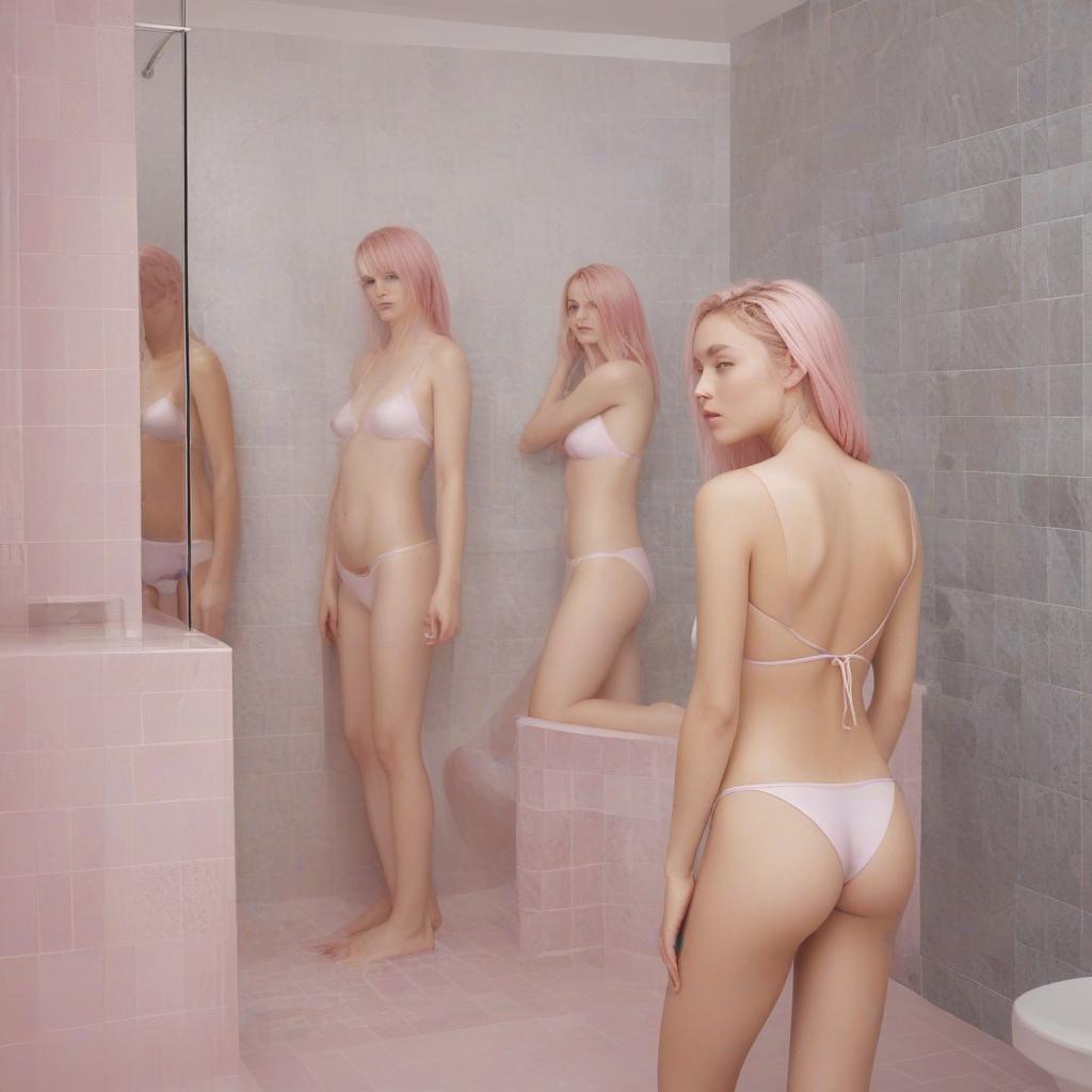  minimalism, 3 girls, blonde flat hair, hair is smooth, age 11, full body view, you can see and feet, , , skin, cloth, less cloth, cute, , blue eyes, tanned skin, no bottoms, side view on body, standing in shower , white tiles, surfaces, other girls are ing in the room background.there is one spot with white clear milk on girls mouth and face an ,one girl standing with back to camera and the other girls standing sideways to camera, pink hair, cute face, slim body, tiny, , sweet, washing their bodys, dont look in camera, small , flat , girl lean on the walls of the room, fit body, body has tight hip, body has tight ,, abstract, simple geometic shapes, hard edge