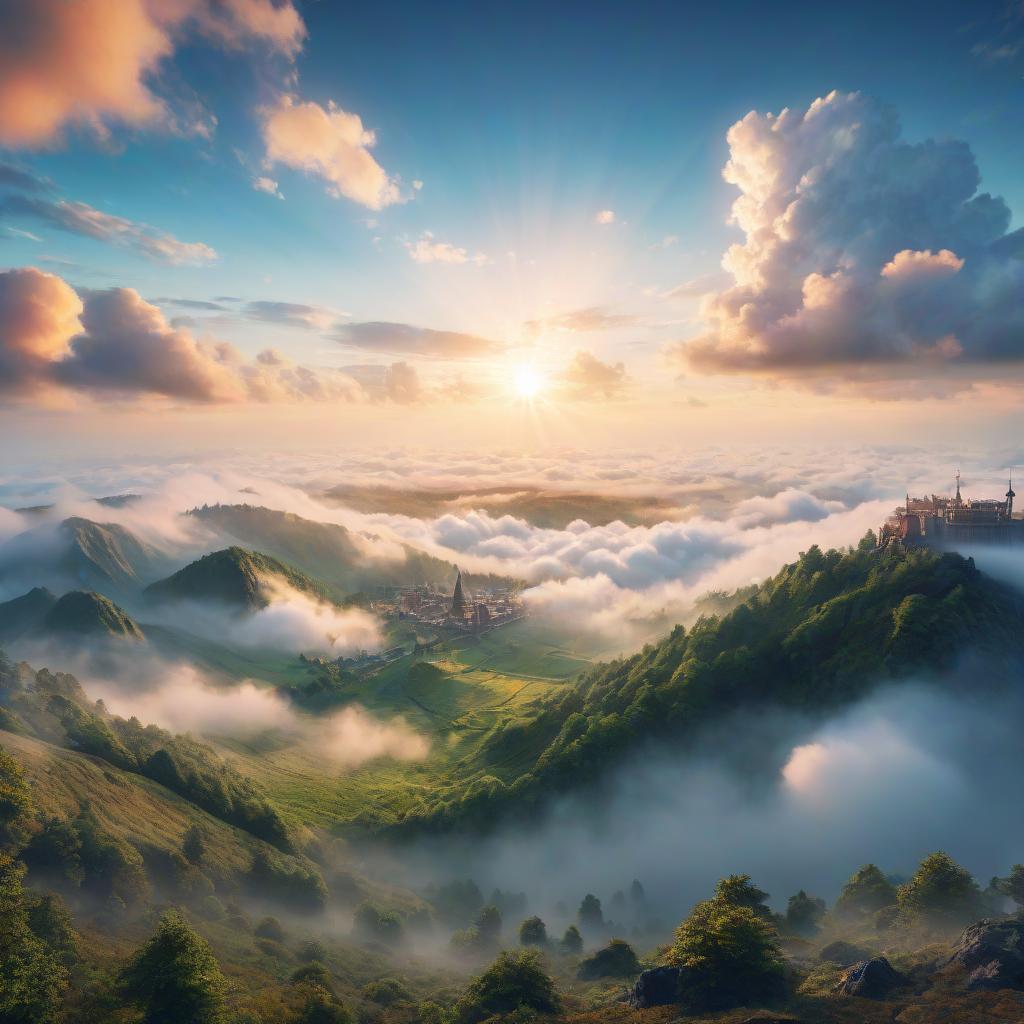  anime artwork landscape. view of flying in clouds above ground . anime style, key visual, vibrant, studio anime, highly detailed, hkmagic hyperrealistic, full body, detailed clothing, highly detailed, cinematic lighting, stunningly beautiful, intricate, sharp focus, f/1. 8, 85mm, (centered image composition), (professionally color graded), ((bright soft diffused light)), volumetric fog, trending on instagram, trending on tumblr, HDR 4K, 8K