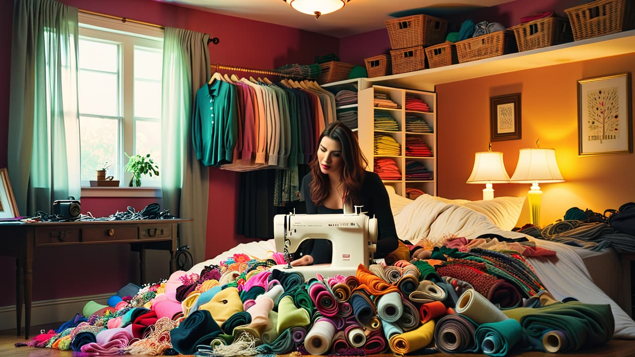  an overflowing closet filled with mismatched, poorly upcycled clothing items, a sewing machine gathering dust, and a frustrated person examining a tangled mess of fabric scraps, highlighting the challenges of upcycling. hyperrealistic, full body, detailed clothing, highly detailed, cinematic lighting, stunningly beautiful, intricate, sharp focus, f/1. 8, 85mm, (centered image composition), (professionally color graded), ((bright soft diffused light)), volumetric fog, trending on instagram, trending on tumblr, HDR 4K, 8K