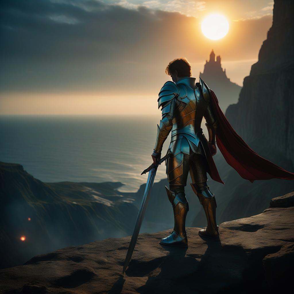  cinematic film still a hero in fantastic armor stands at the edge of a cliff, holding a sword. in the background, a sunset with an otherworldly sun creates a stunning fantasy landscape. in the distance, a defeated dragon and monsters can be seen, while next to the hero is a glowing holographic panel of a new level . shallow depth of field, vignette, highly detailed, high budget, bokeh, cinemascope, moody, epic, gorgeous, film grain, grainy