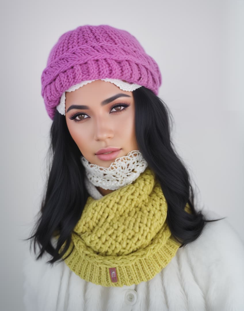  HERMOSA MUJER JOVEN CON GORRO DE LANA ROSADO Y BUFANDA DE LANA AMARILLA IMAGEN REALISTA , hyperrealistic, high quality, highly detailed, cinematic lighting, intricate, sharp focus, f/1. 8, 85mm, (centered image composition), (professionally color graded), ((bright soft diffused light)), volumetric fog, trending on instagram, HDR 4K, 8K