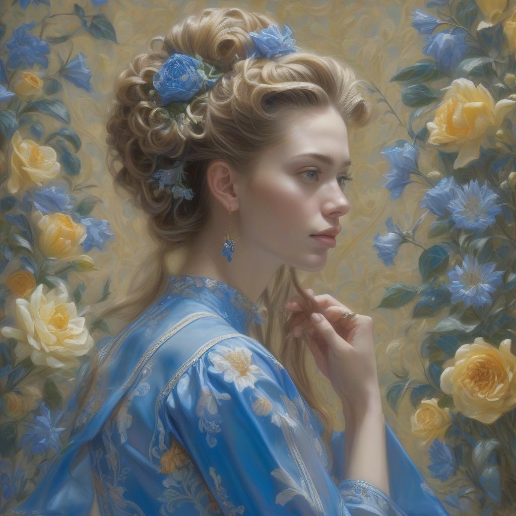  <mymodel> a painting of a woman with flowers in her hair and a blue dress donato giancola, figurative art, extremely detailed oil painting, a hyperrealistic painting