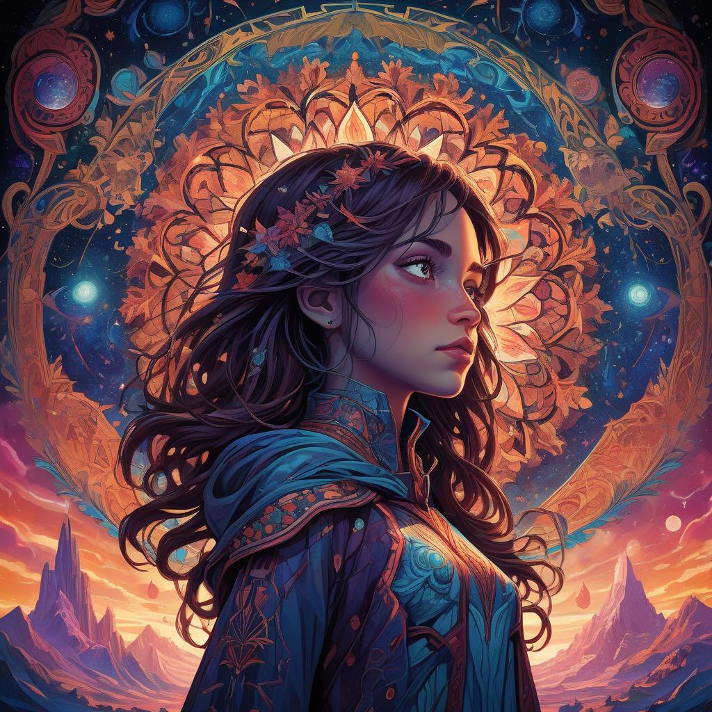  a girl with kaleidoscope eyes, vivid, expressive , centered, symmetry, painted, intricate, volumetric lighting, beautiful, rich deep colors masterpiece, sharp focus, ultra detailed, in the style of dan mumford and marc simonetti, astrophotography