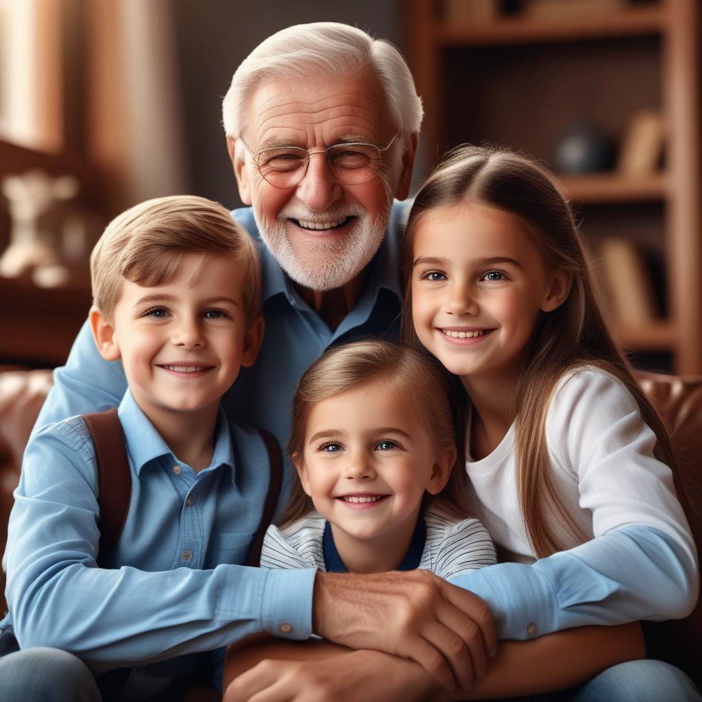  Grandfather sits with grandchildren and rejoices high quality, detailed intricate insanely detailed, flattering light, RAW photo, photography, photorealistic, ultra detailed, depth of field, 8k resolution , detailed background, f1.4, sharpened focus