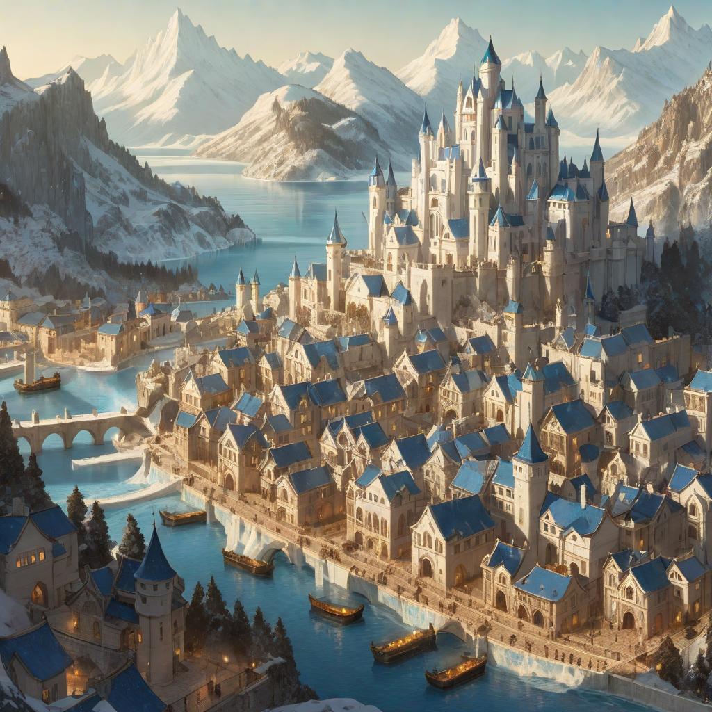  manga artwork city with white houses and blue roofs, it has a big castle in a terrace and a great lake in the background, with icy moutains. anime rpg style . manga artist. manga, highly emotional. best quality, high resolution