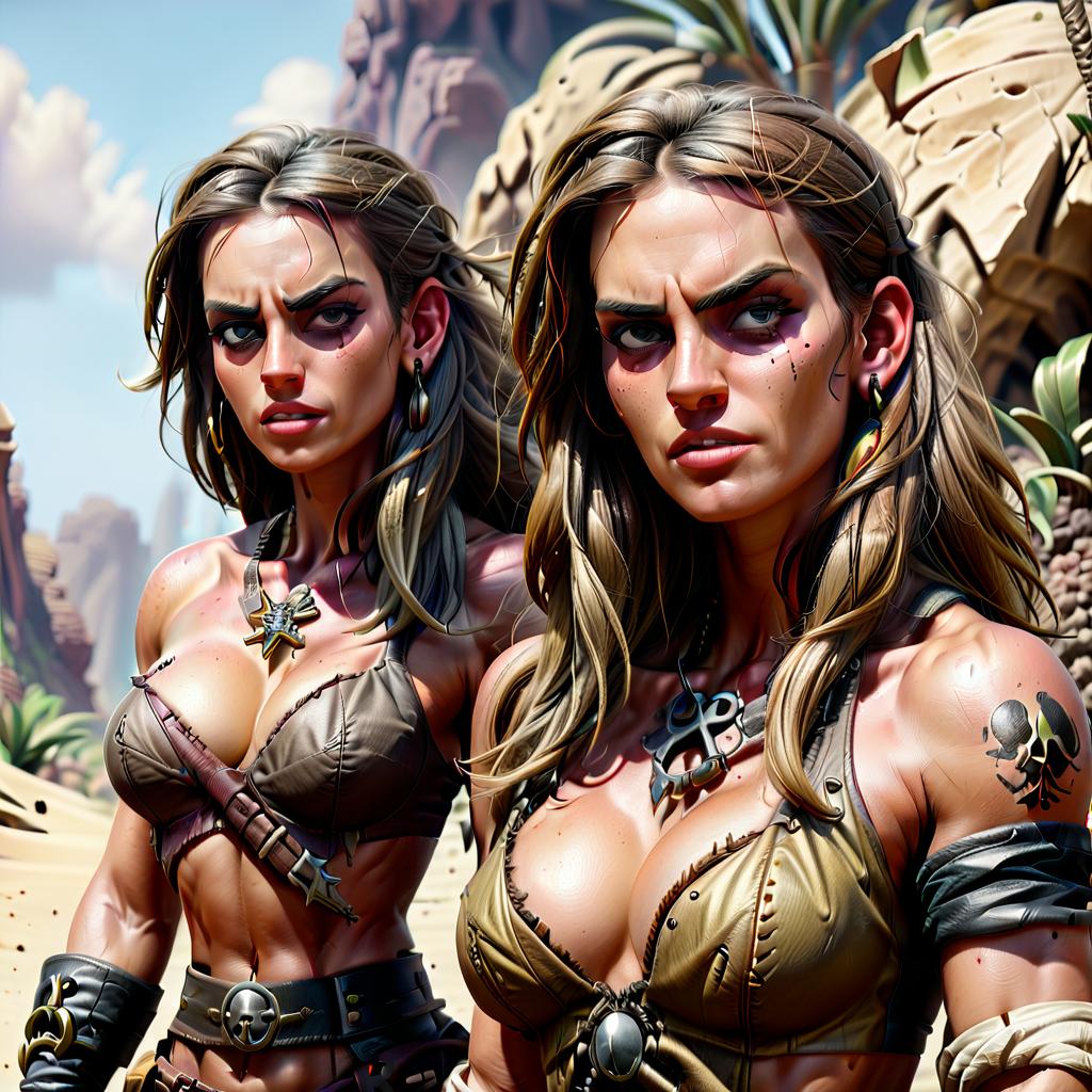  hyperrealistic art two muscular pirate girls on a desert island . extremely high resolution details, photographic, realism pushed to extreme, fine texture, incredibly lifelike, civitai