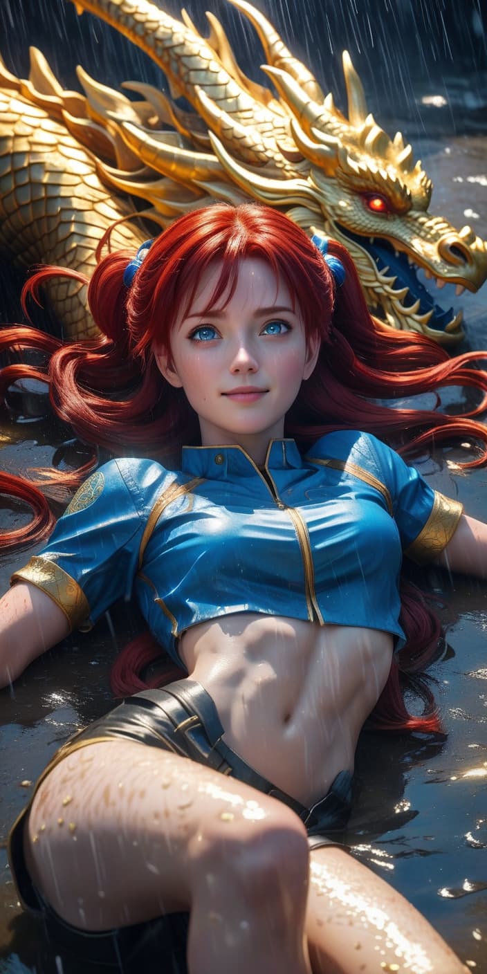  realistic photos of cinematic quality. absolutely of 25, lying on her back, , sharp s, red hair, blue eyes, light smile, two pigtails, skin, hands behind her head, legs open, to the sides, light on the inside of the thigh. lying beside the golden dragon. it is raining., hkmagic