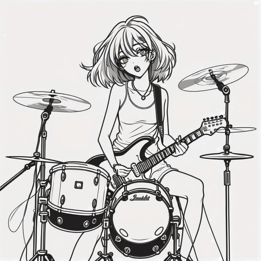  line art drawing guitar and drums rock n roll singer girl, same nightmare. anime style . professional, sleek, modern, minimalist, graphic, line art, vector graphics