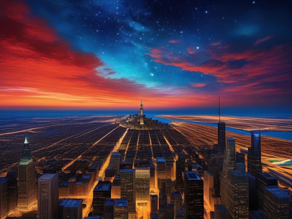  ethereal fantasy concept art of sears tower, crain's communications building, drone view, tilt shift, van gogh's starry night, colorful red orange swirls, cloud gate, hyper realistic, chicago skyline, mesmerizing, intricate details, flambient golden red sunrise, dramatic lighting, epic composition, wide angle, cinematic, masterpiece, 4k, raw photo, van gogh influence, studio lighting, impressionist, bold colors, starry sky, architectural elements, medium format lens, high angle, cityscape, city life, metropolitan, van gogh's brushstrokes, van gogh's shadows, van gogh's colors, van gogh's textures, nighttime, city scene, streets, night cityscape. magnificent, celestial, ethereal, painterly, epic, majestic, magical, fantasy art, cover art, dr