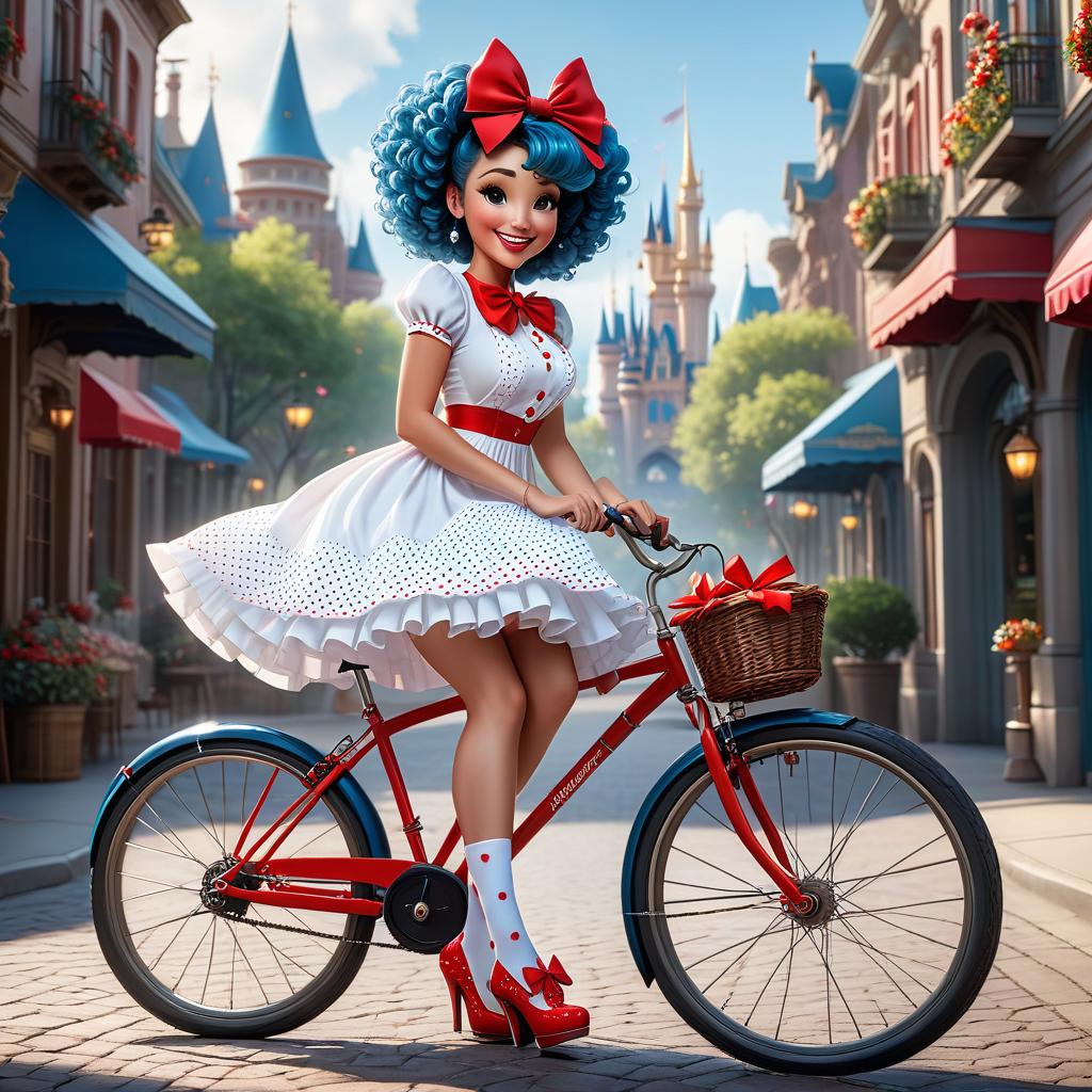  breathtaking cute mischievous with curly blue hair and a big red bow on her head, smiling, dressed in a white dress with red polka dots, puffy , white socks on her feet, beautiful red shoes. she rides a bicycle. cartoon image in disney style . award winning, professional, highly detailed hyperrealistic, full body, detailed clothing, highly detailed, cinematic lighting, stunningly beautiful, intricate, sharp focus, f/1. 8, 85mm, (centered image composition), (professionally color graded), ((bright soft diffused light)), volumetric fog, trending on instagram, trending on tumblr, HDR 4K, 8K