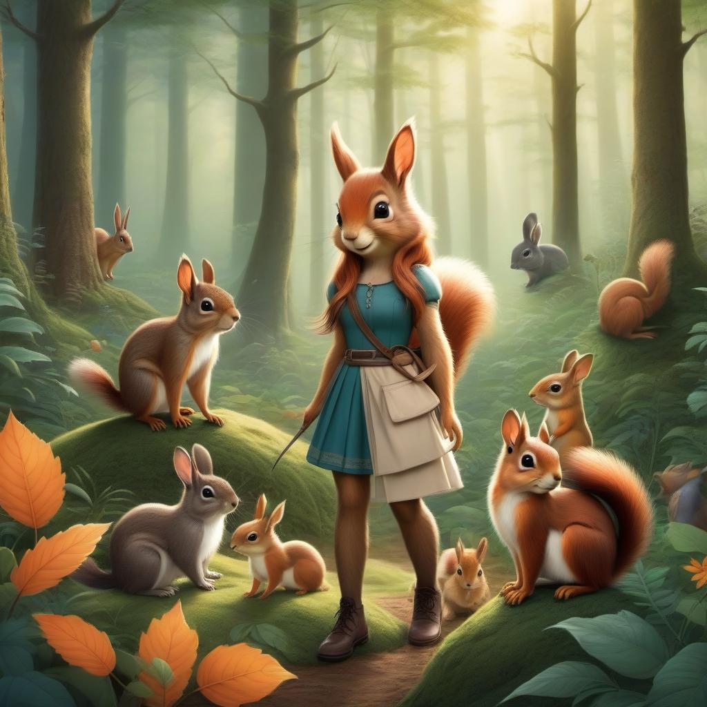  “ girl standing in the forest who can talk to animals: squirrel, hare, deer.llustration of a fairy tale ”.