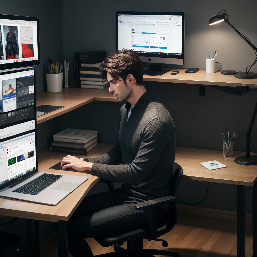  A men chair, watching on screen, lerning video editing on youtube. make sure that his hands are not on table or a computer. make it look realistic and add a bit darkness in room.
