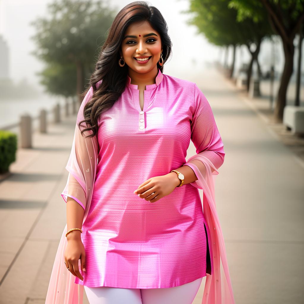  a Desi Indian plus -size woman cute smile , rocking a pink kurta and white tite leggings. hot and stylish. leg exposed., hyperrealistic, high quality, highly detailed, cinematic lighting, intricate, sharp focus, f/1. 8, 85mm, (centered image composition), (professionally color graded), ((bright soft diffused light)), volumetric fog, trending on instagram, HDR 4K, 8K