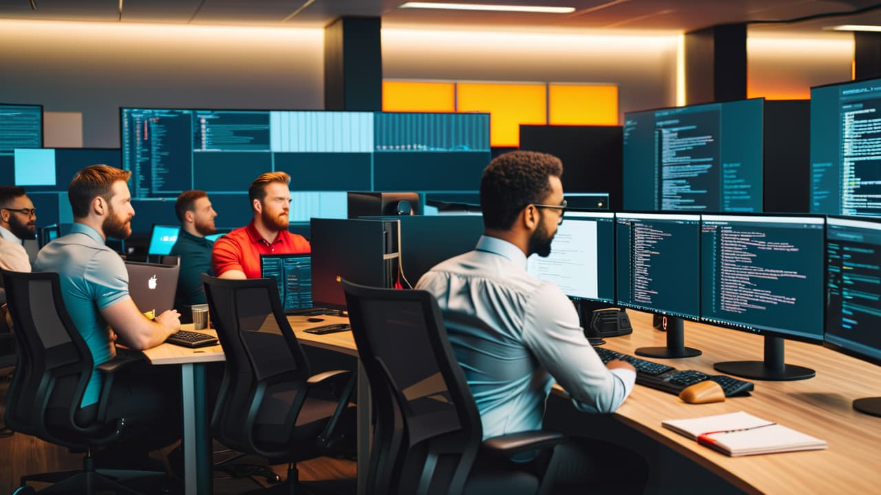  a diverse team of developers collaborating at a modern workspace, surrounded by screens displaying code and diagrams, with sticky notes and coffee cups, symbolizing teamwork in api development. bright, focused atmosphere. hyperrealistic, full body, detailed clothing, highly detailed, cinematic lighting, stunningly beautiful, intricate, sharp focus, f/1. 8, 85mm, (centered image composition), (professionally color graded), ((bright soft diffused light)), volumetric fog, trending on instagram, trending on tumblr, HDR 4K, 8K