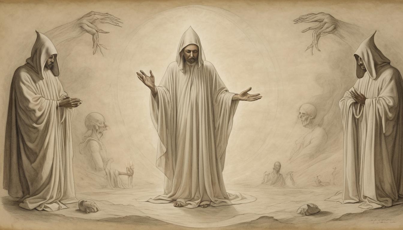  on parchment, surrealism++, a solemn figure in white robes, light emanating from hands, figures in the background bowing in respect, deserved honor, humility(mysterious, provocative, symbolic)++