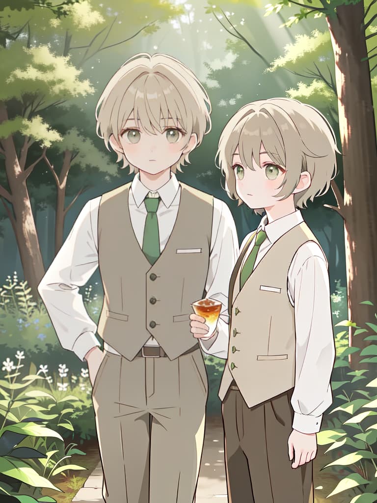  wolf cut hairstyle, light brown hair color, pale gray eyes, light brown jelly vest, light brown pleated , green tie, young , short hair, forest, one person, one person.