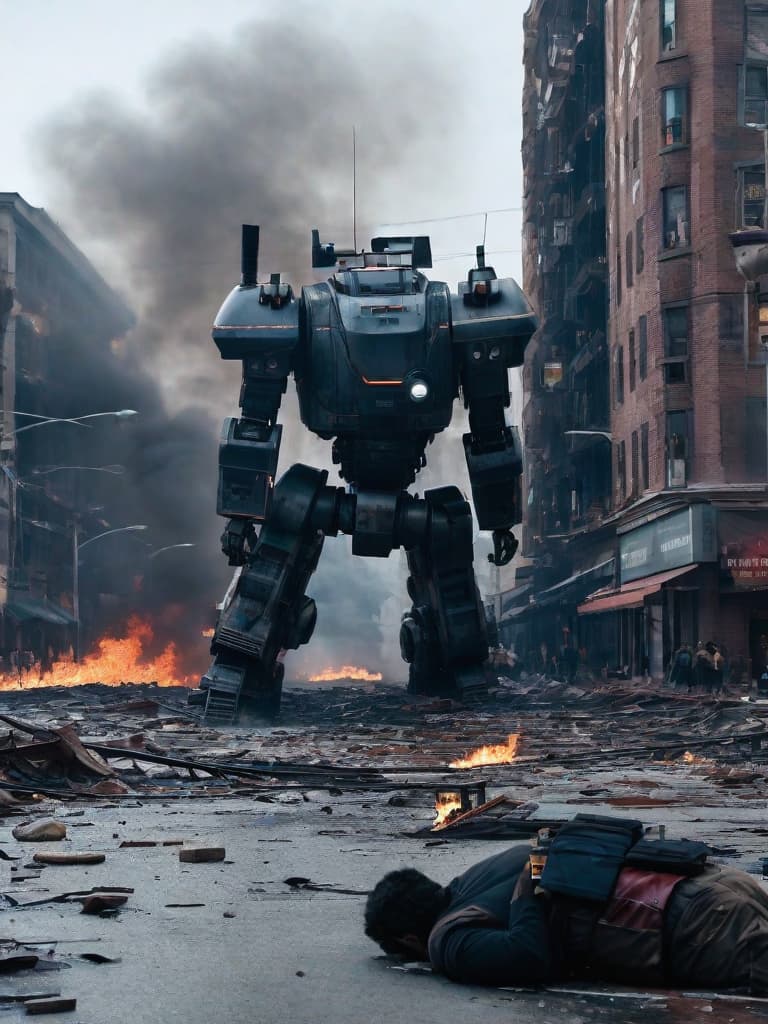  A photo of AI Robots attacking a city, a battle between machine and man, burning buildings and a deluge of blood and bodies in the streets.