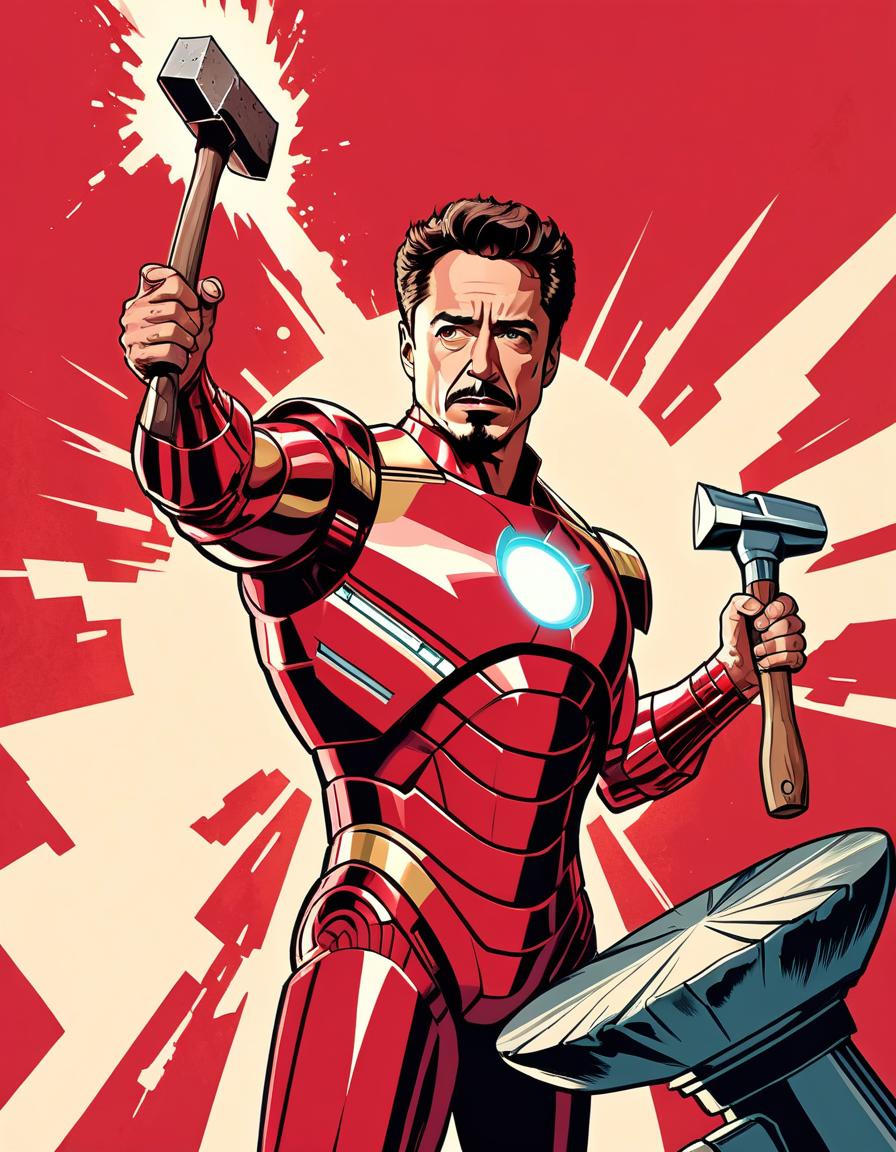  advertising poster style tony stark with a hammer, style soviet poster, red background, hammer in hand, hits an anvil . professional, modern, product focused, commercial, eye catching, highly detailed