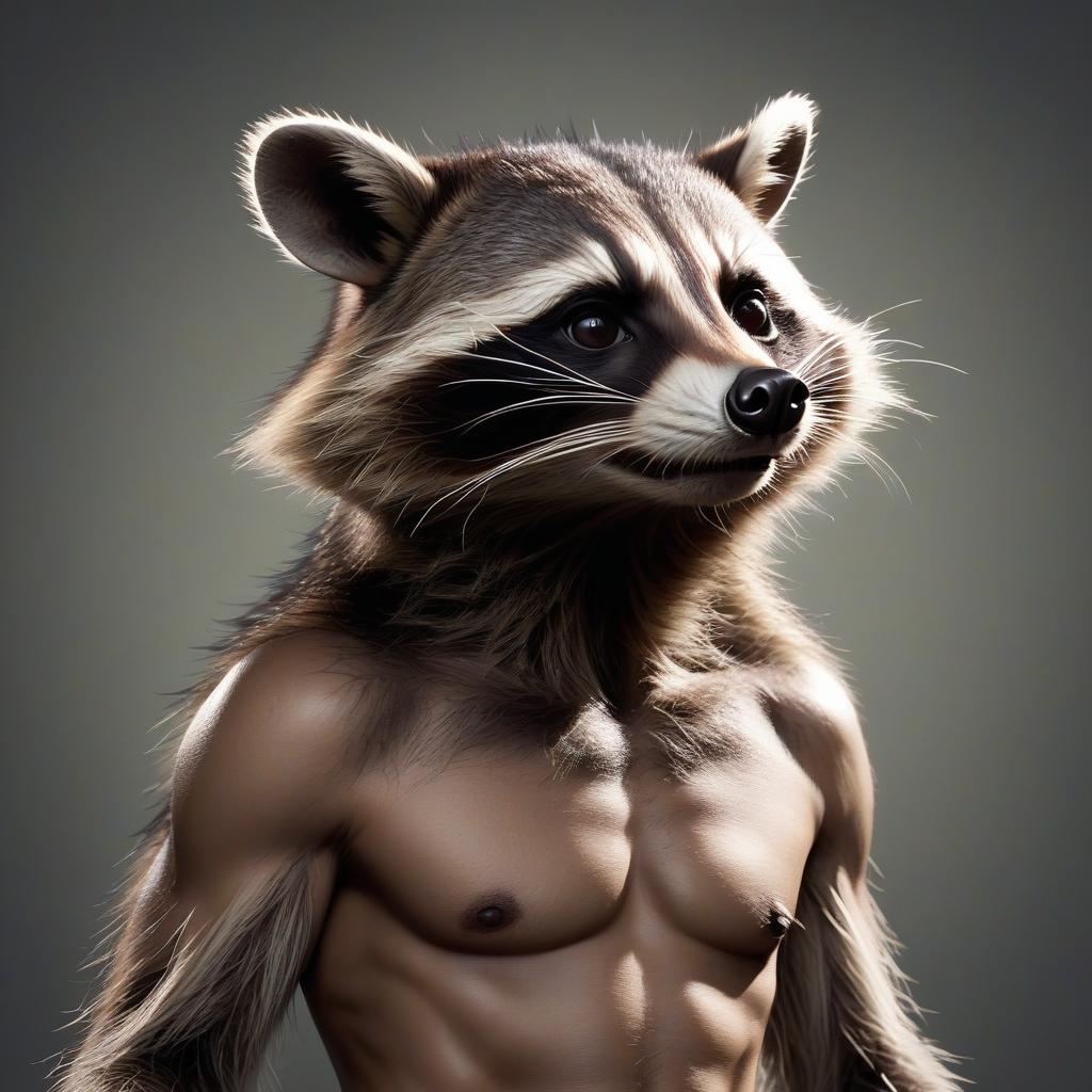  hyperrealistic art raccoon with a pumped up human body stands . extremely high resolution details, photographic, realism pushed to extreme, fine texture, incredibly lifelike