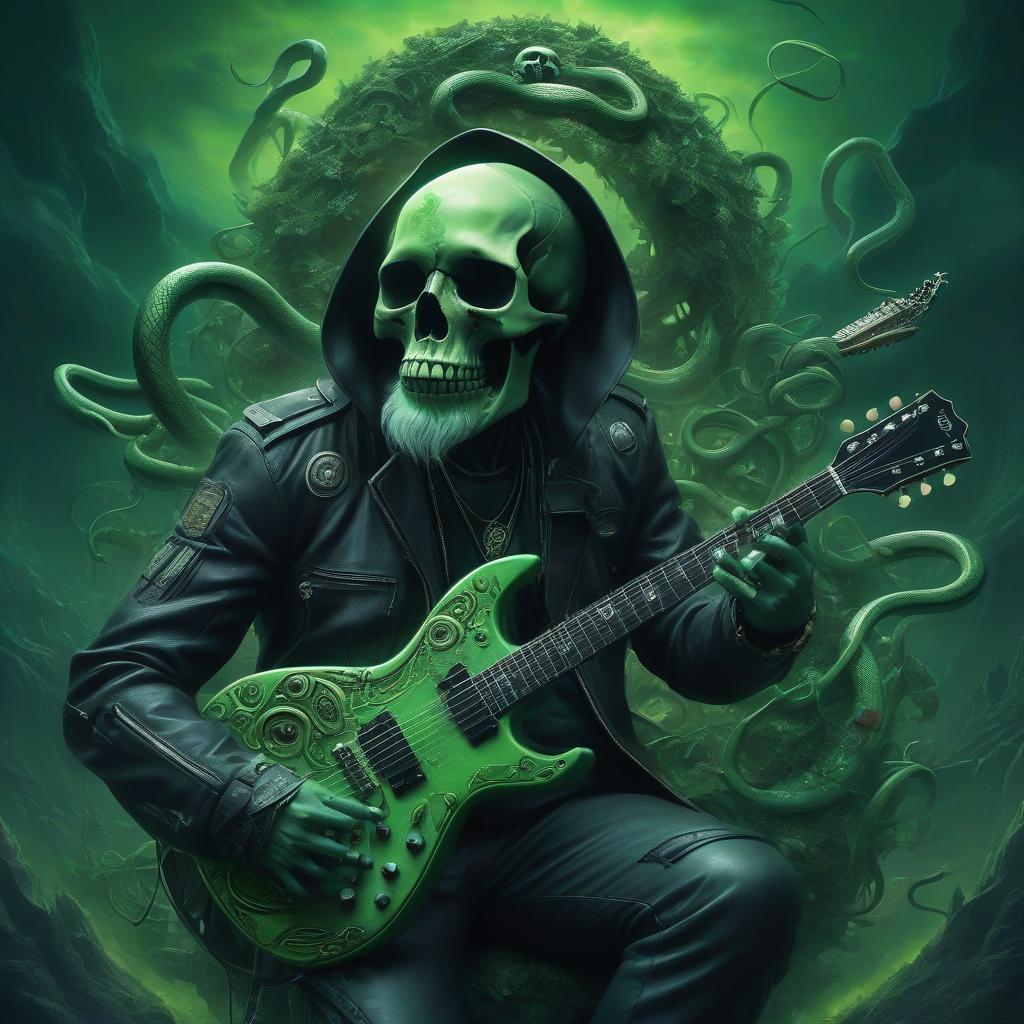  dreamscape cyberpunk, 3d, guitar permeates the skull with a beard and all this is wrapped around a green earth snake, background black . surreal, ethereal, dreamy, mysterious, fantasy, highly detailed