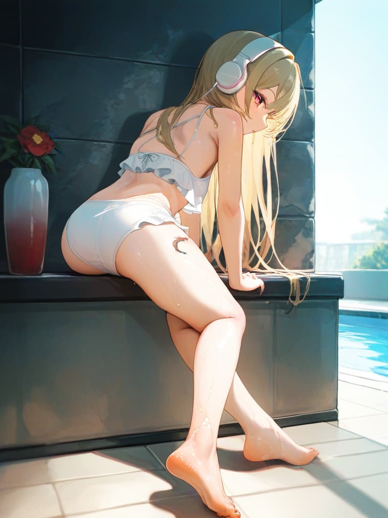  white swimwear, white headphones, blonde twin tails, pools, poses on the wall, pose to show your back, , foot, frill pareo, snake tattoo on , tattoo, tattoo on your feet, masterpiece, best quality,8k,ultra detailed,high resolution,an extremely delicate and beautiful,hyper detail