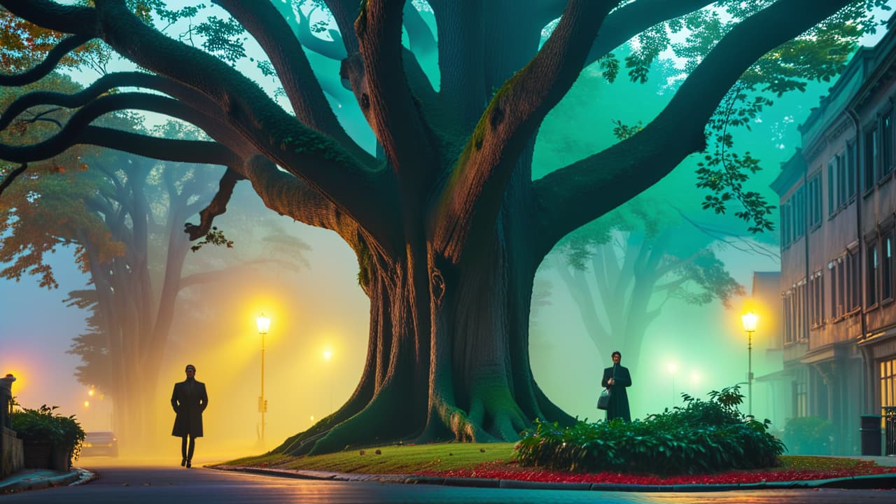  a split scene depicting a dense, foggy forest with an ancient tree on one side, and a bustling city street at night on the other, where shadows of mythical creatures blend with urban figures. hyperrealistic, full body, detailed clothing, highly detailed, cinematic lighting, stunningly beautiful, intricate, sharp focus, f/1. 8, 85mm, (centered image composition), (professionally color graded), ((bright soft diffused light)), volumetric fog, trending on instagram, trending on tumblr, HDR 4K, 8K