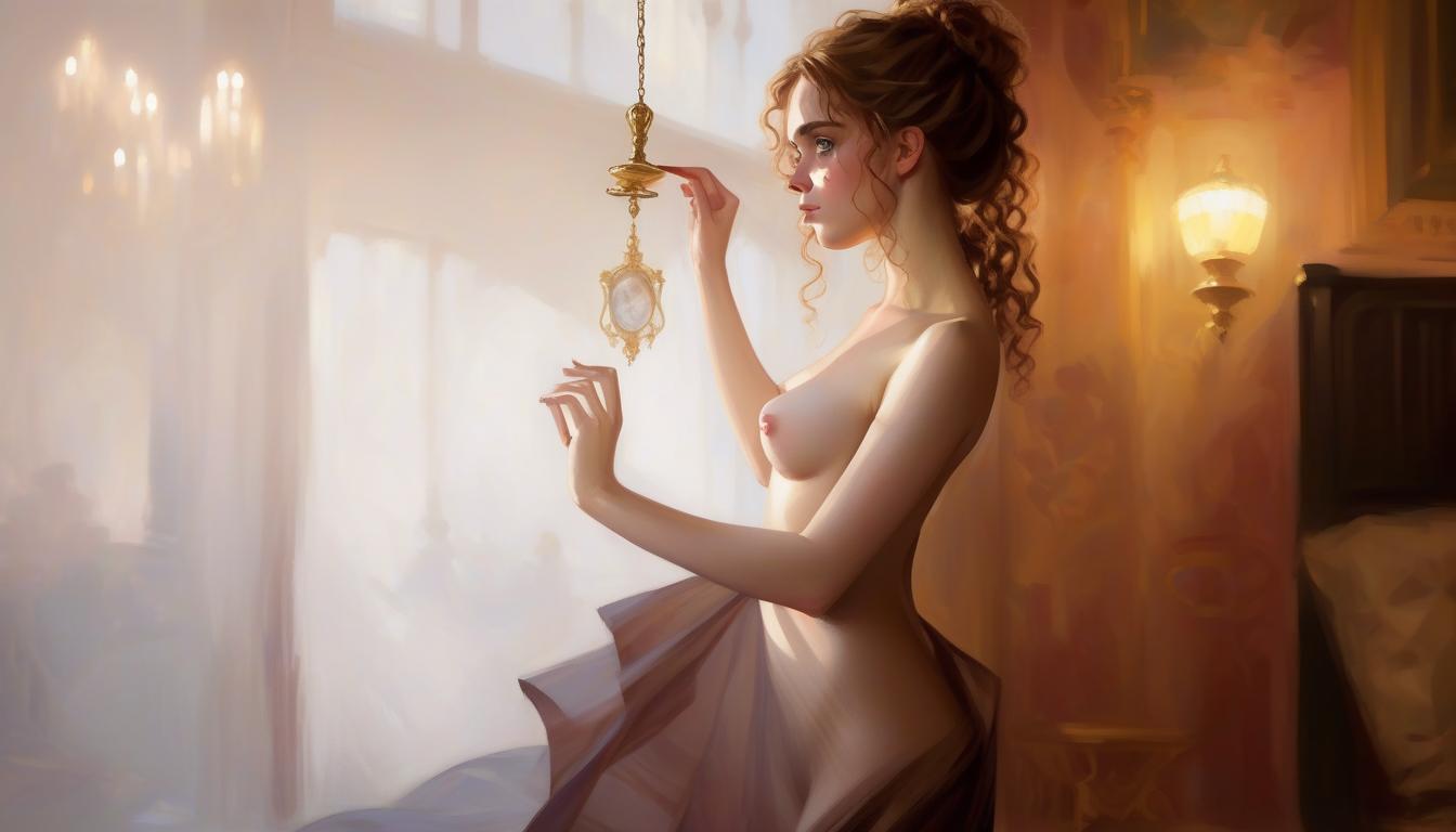  an elegant girl ((hermione granger)), naked, naked and at a chic reception (hogwarts) , works by konstantin razumov, "black outfit", "shabby chic", "fan art", klimt and mucha, works by serge marshennikov keep their face the same, just increase the size of the image.