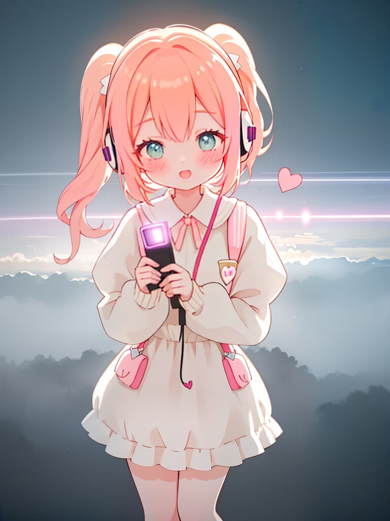  1 pretty girl,upper body,winking,cheek to cheek,semi long,hearts twin tail,gamer,headphones,knit outfit,peach hair elastic, hair,front hyperrealistic, full body, detailed clothing, highly detailed, cinematic lighting, stunningly beautiful, intricate, sharp focus, f/1. 8, 85mm, (centered image composition), (professionally color graded), ((bright soft diffused light)), volumetric fog, trending on instagram, trending on tumblr, HDR 4K, 8K