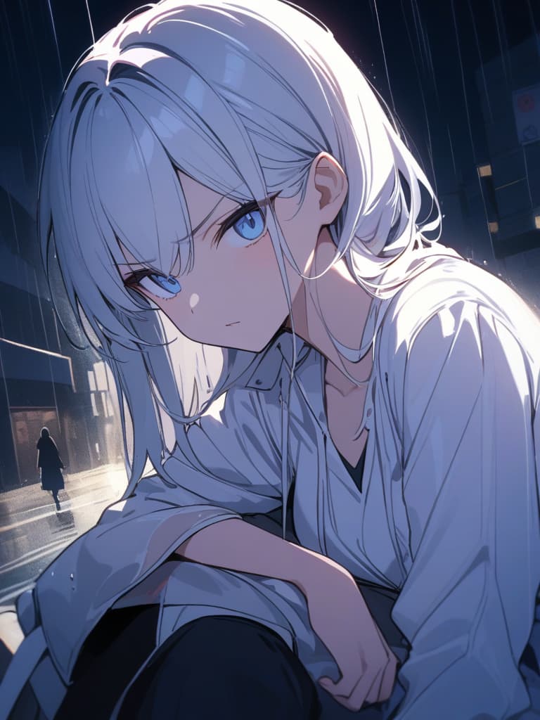  s, white hair, rain, rain, , blue eyes, bangs on the right side, glaring, look at this, squeeze my hair with my hand, i can see the upper arm, only a . teru, the court can be seen in the back, sitting in a on the road, night rain, masterpiece, best quality,8k,ultra detailed,high resolution,an extremely delicate and beautiful,hyper detail