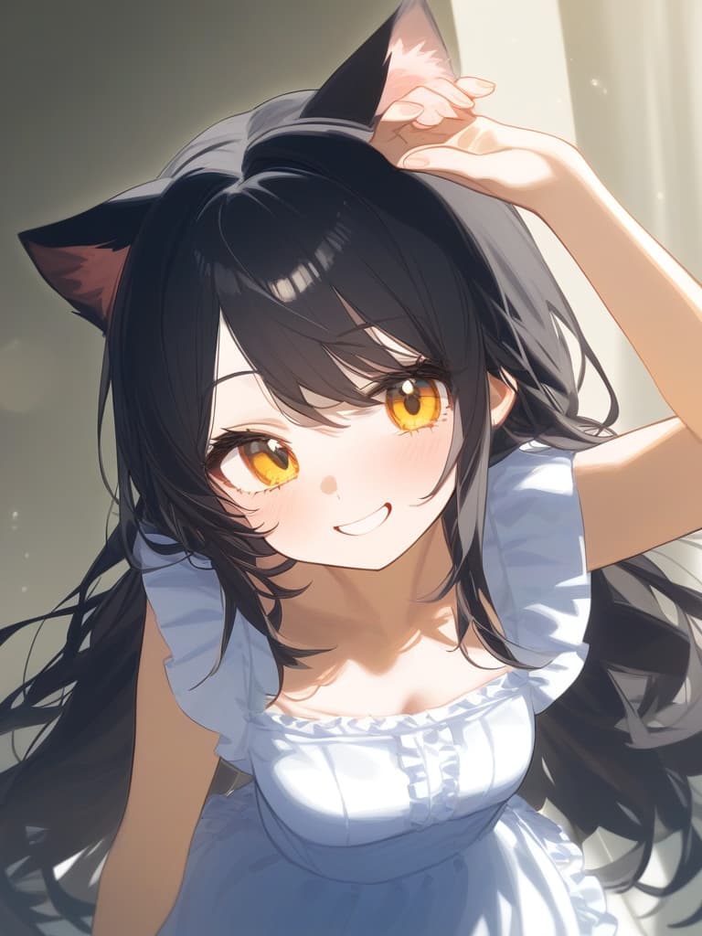  cute face focus,cute,young,long hair,black hair,yellow eyes,cute posing,smile,cat ears,frill dress