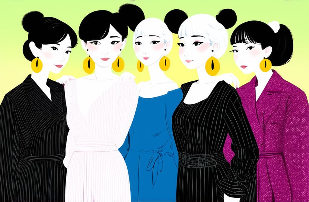  flat illustration, flaticon, (illustration:1.15), group of women with big earrings. sisterhood concept. illustrations of 6 women with white skin color who stand close to each other ar 3:2, [cory loftis, strobist, pascal campion :: 0.2]